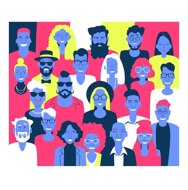 Group of people of different nationalities and cultures People background The crowd of abstract people Shoulders avatars Bright people portraits set