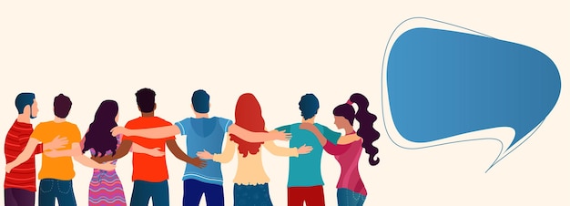 Group of people of diverse culture seen from behind embracing each otherCooperation and help