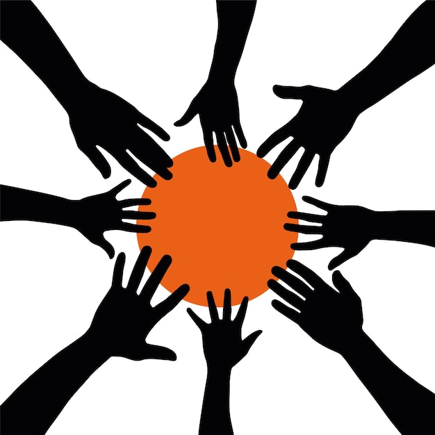 Group of people gathering hands with orange circle on the center as sun vector silhouette