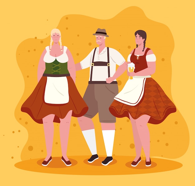 Vector group people german in national drees, women and man in traditional bavarian costume vector illustration design