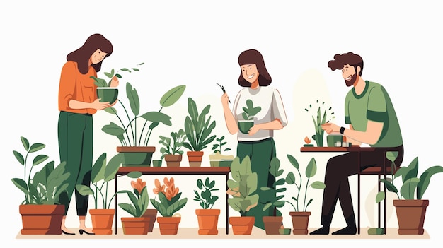 Vector group of people growing plants in pots for home garden