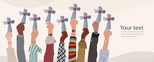 Group of people hands raised holding a crucifix Christian worship Faith and hope in Jesus Christ