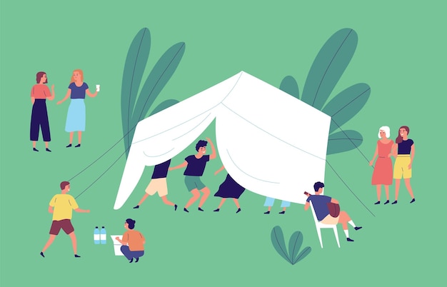 Group of people having fun and relaxing at open air party vector flat illustration. Man and woman dancing in tent, playing guitar, walking and talking each other. Campers spending time outdoor.