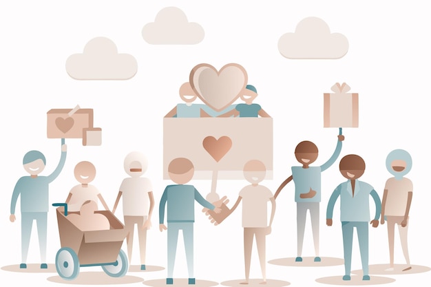 Vector a group of people holding hands with a heart shaped box with a heart on the top