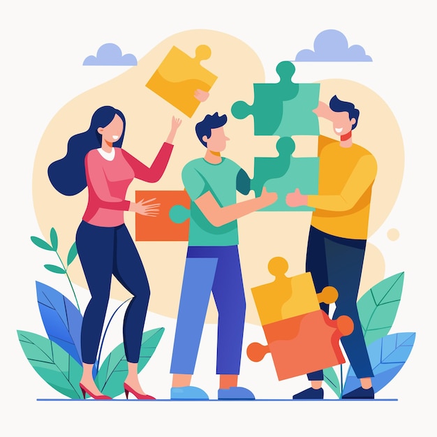 Vector group of people holding puzzle pieces three people work together to put together a puzzle simple and minimalist flat vector illustration