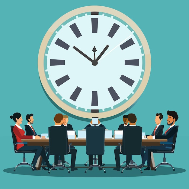 Vector a group of people in a meeting with a clock in the background