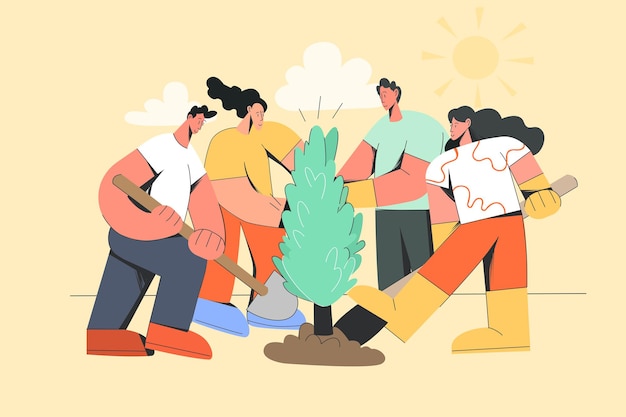 Group of people plant tree together