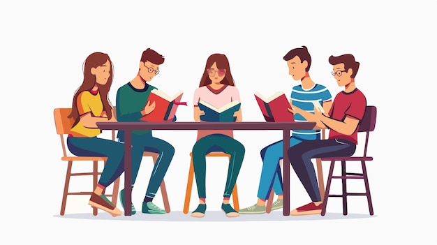 Vector group of people reading books together in library