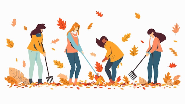 a group of people shoveling leaves in the fall