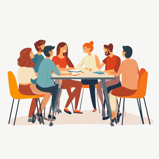 Vector a group of people sit around a table with one holding a paper