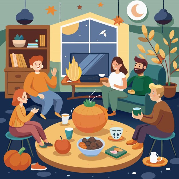 Vector a group of people sit around a table with a pumpkin on it