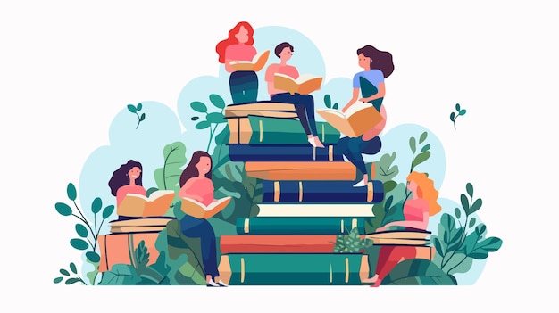 a group of people sitting on a pile of books