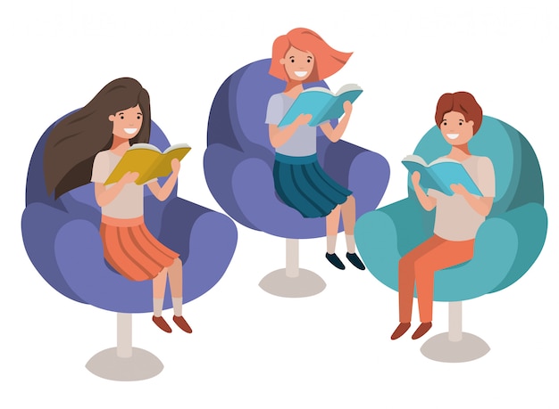 Group of people sitting in sofa with book avatar character