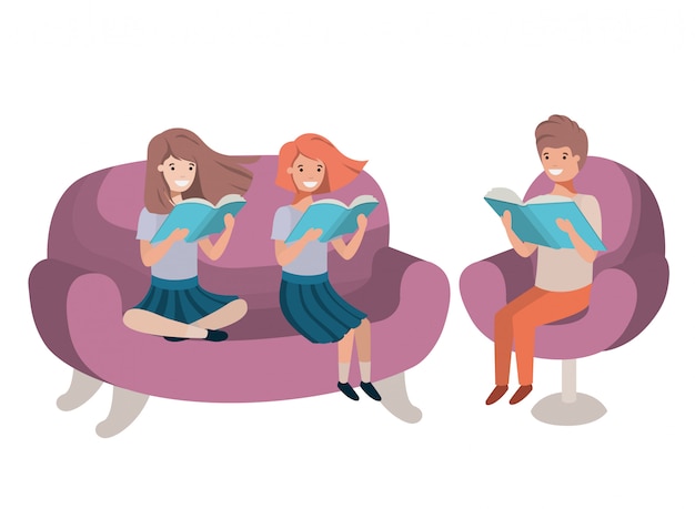 Group of people sitting in sofa with book avatar character