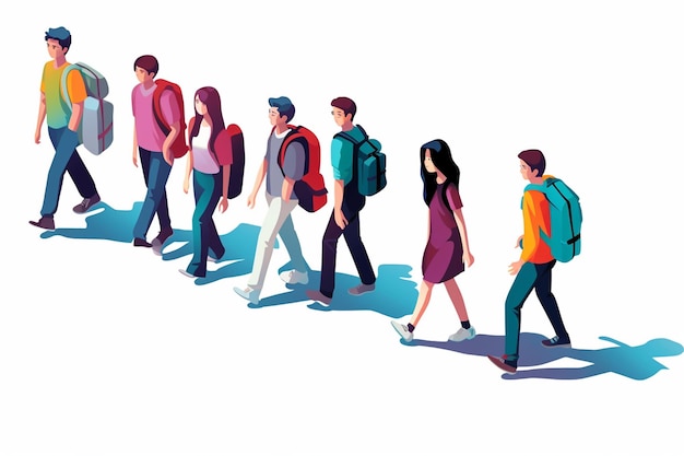 Vector group of people walking with backpacks style