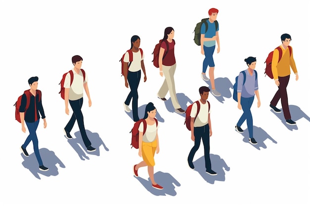 Vector group of people walking with backpacks style