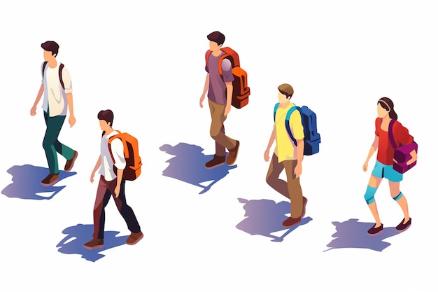 Vector group of people walking with backpacks style