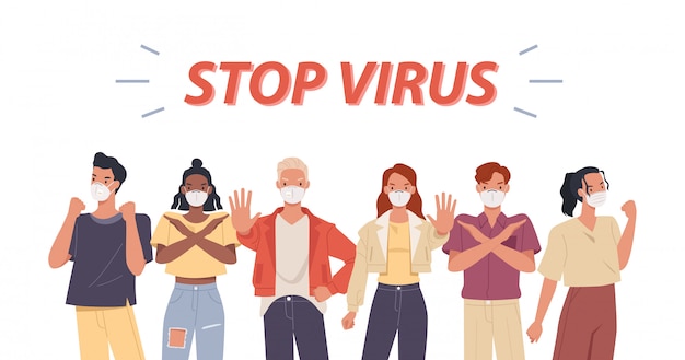 Group of people wearing face masks. Coronavirus epidemic protection. Stop pandemic concept. illustration in a flat style