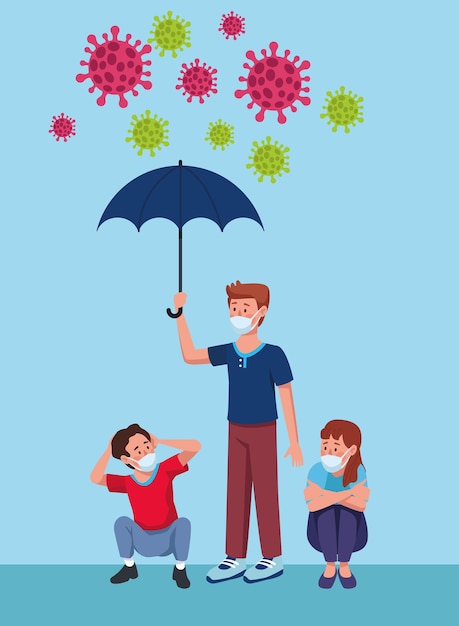 Group of people wearing medical masks with umbrella characters  illustration 