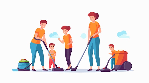 Vector a group of people with a child and a broom