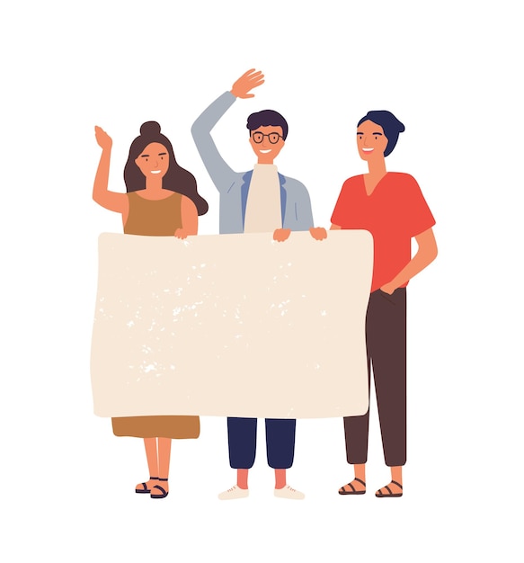 Group of people with empty banner flat illustration.