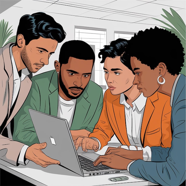 Vector group of people working together on a laptop