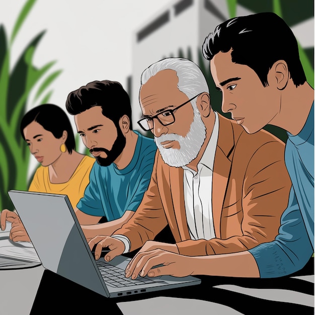 Group of people working together on a laptop