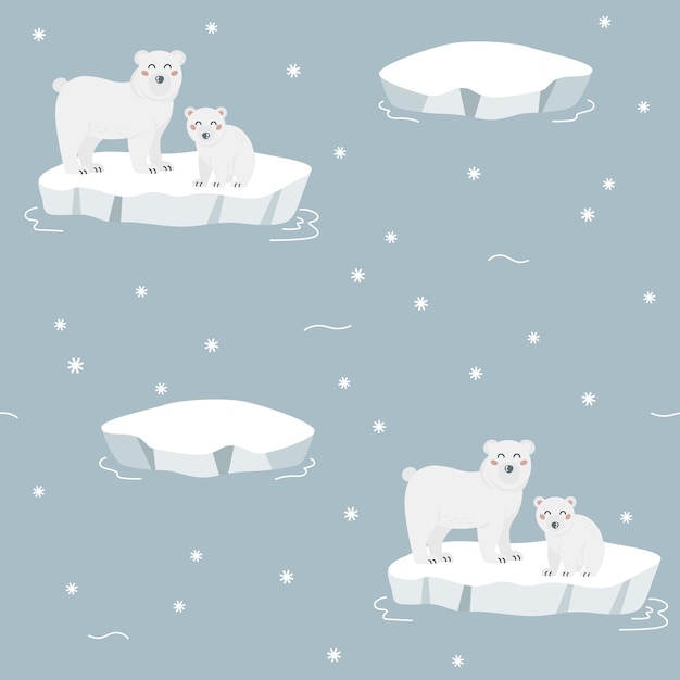 Vector a group of polar bears on ice with snow on the background