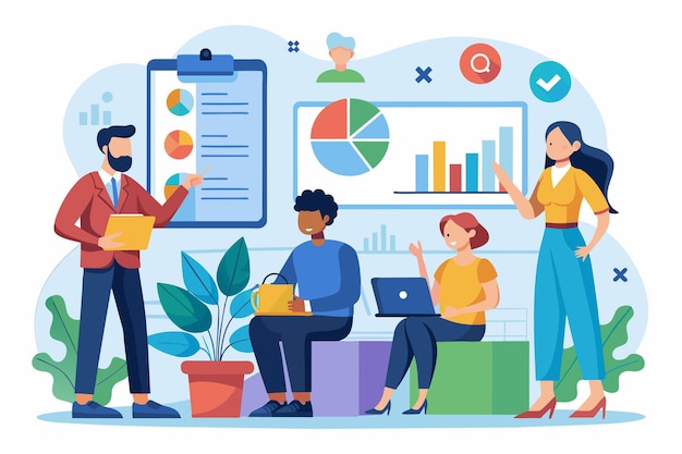 A group of professionals collaborates on data analysis and presentation strategies in a contemporary office environment Business presentation and analysis illustrated in a flat style