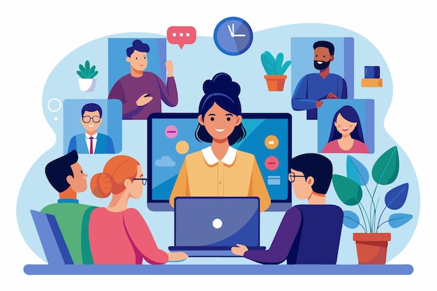 A group of professionals engages in a virtual meeting with a diverse presenter leading the discussion while colleagues join from different digital platforms