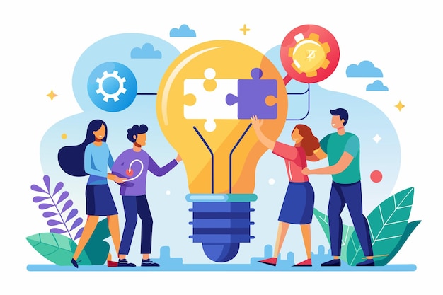 A group of professionals unite to fit puzzle pieces into a lightbulb symbolizing innovative thinking in business People connecting bulb puzzle pieces business innovation trending