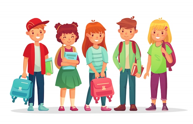 Group of pupils. School boys and girls cartoon characters