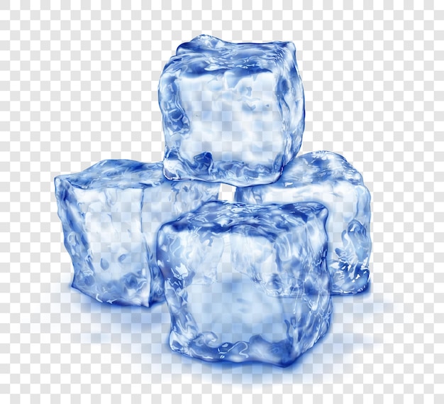 Group of realistic translucent ice cubes in blue color with shadow isolated on transparent background Transparency only in vector format