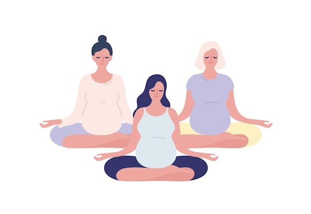 Group of relaxing pregnant woman meditating in lotus pose vector flat illustration. Pregnancy female practicing yoga isolated on white. Concept of maternity and healthy lifestyle.