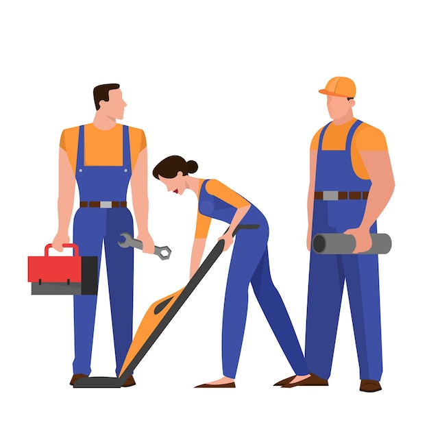 Group of repairman in the uniform. Technician occupation. Character holding professional tool for work.   illustration in  style