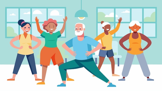 A group of retirees leading a fitness class for seniors at a community center vector illustration