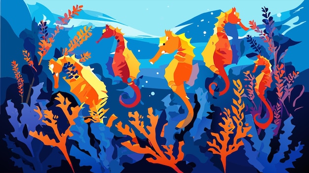 a group of seahorses holding onto seaweed vector illustration