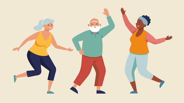 A group of seniors participating in a dance class gracefully moving their bodies to the rhythm of the music Through dance they are able to express themselves and engage in Vector illustration