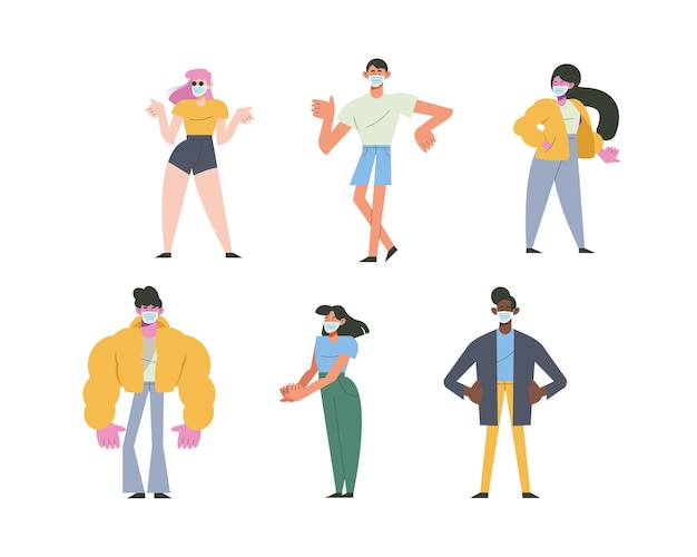 Group of six young people wearing medical masks characters  illustration 