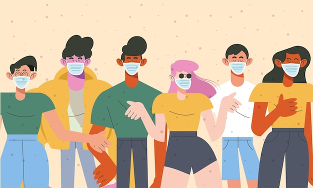 Group of six young people wearing medical masks  illustration 