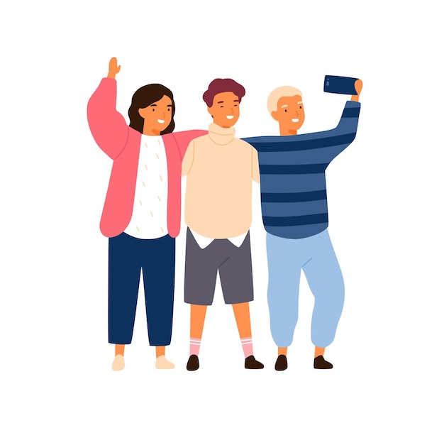 Group of smiling friends or classmates taking selfie use smartphone vector flat illustration. Happy children photographing together hold mobile phone isolated. Kids hugging enjoying friendship.