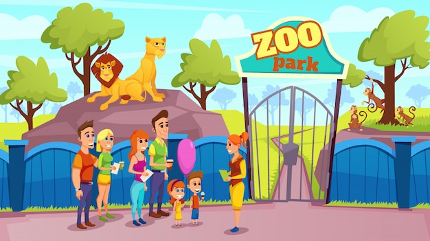 Group Smiling People and Guide at Zoo Gate Vector