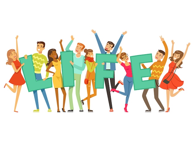 Group of smiling people holding the word Life cartoon colorful  Illustration