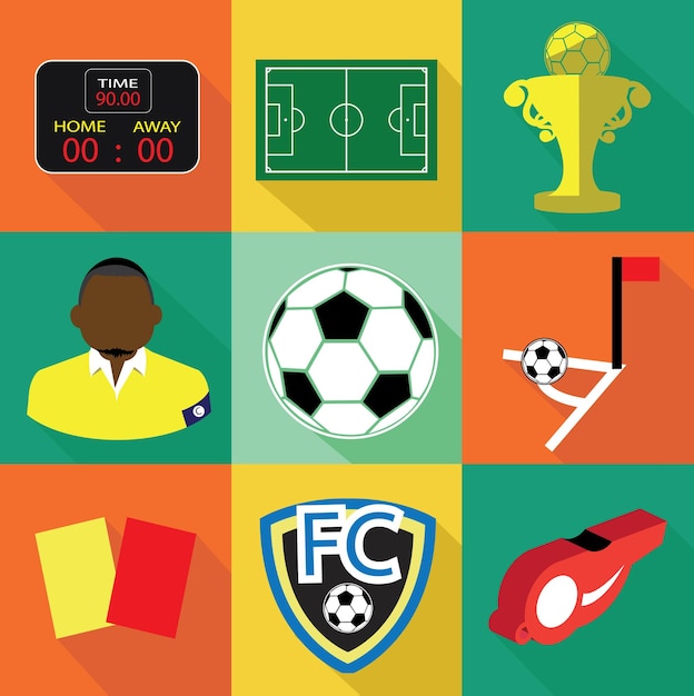 Group of soccer icons set with long shadow effect