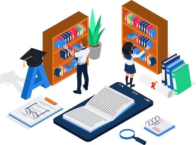 Group of students choosing books online at book shelves isometric elearning activity group of people with bookshelf smartphone device graduation hat books magnifying glass Vector