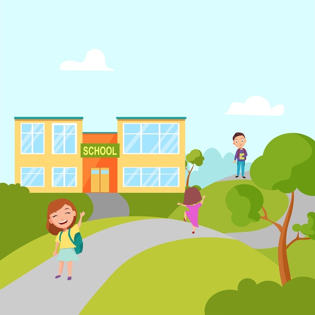 A group of students near the school. Funny kids. The school is on the hill. Welcome to the school. Vector image in a cartoon flat style.