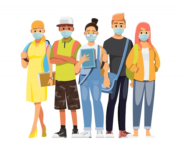 Group of teen University student  wearing medical masks to covid-19 disease, flu, , air pollution, contaminated air, protective Medical mask for prevent virus.  illustration cartoon character.