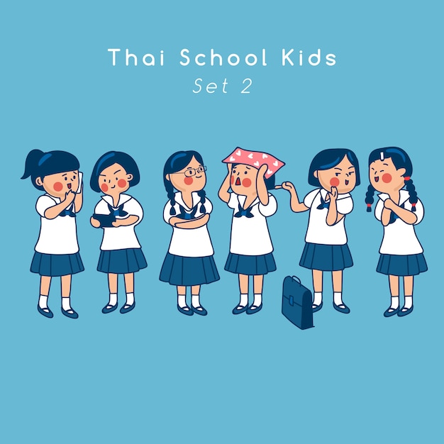 Group of Thai secondary school kids isolated on background  Vector Illustration