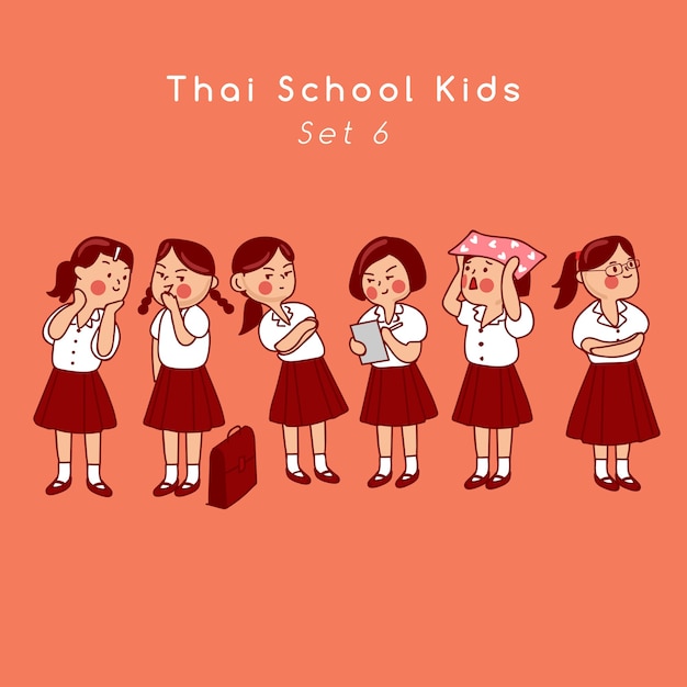 Group of Thai secondary school kids isolated on background  Vector Illustration