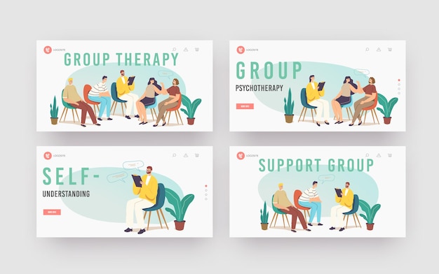 Group Therapy Addiction Treatment Landing Page Template Set. Characters Counseling with Psychologist on Psychotherapist Session. Psychologist with Diseased Patients. Cartoon People Vector Illustration